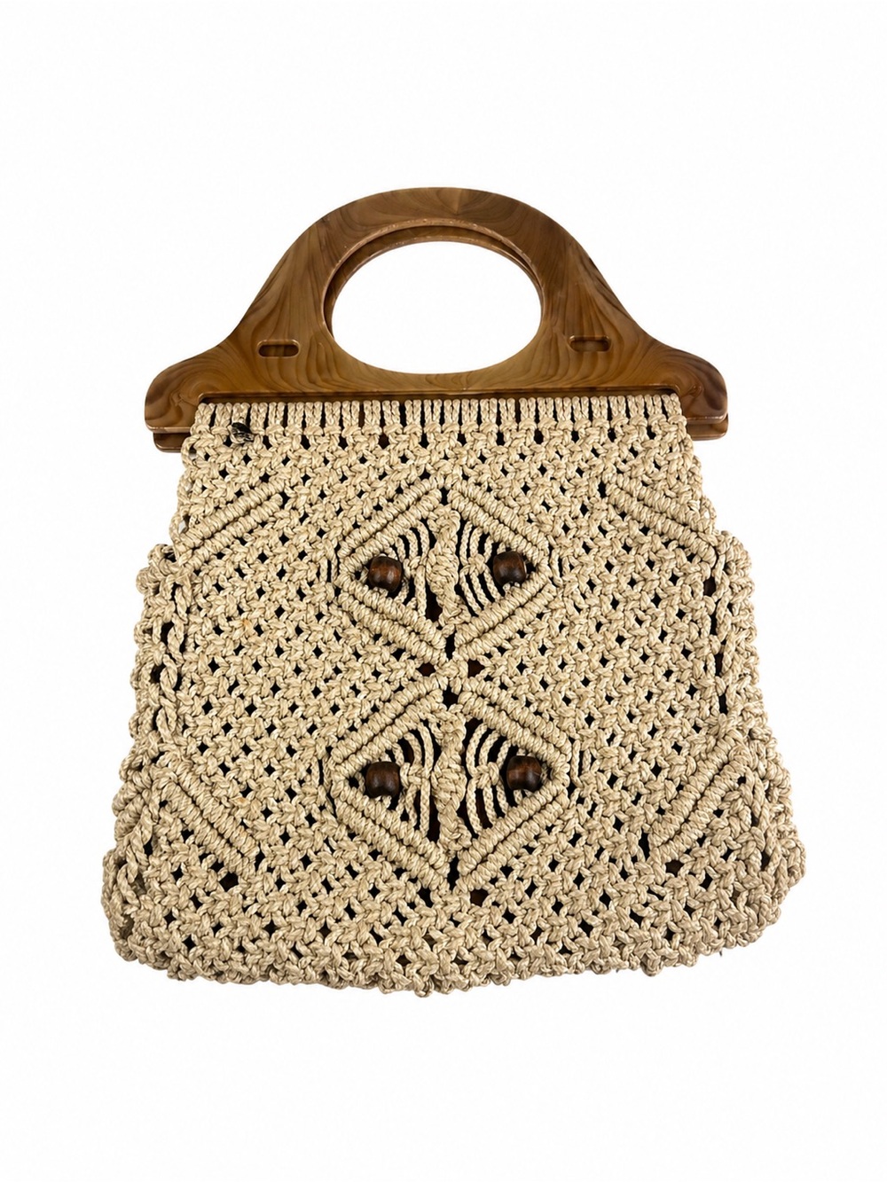 Vintage Y2K Vacation Boho Macrame Beige Woven Pattern Wood Handles Shoulder Bag